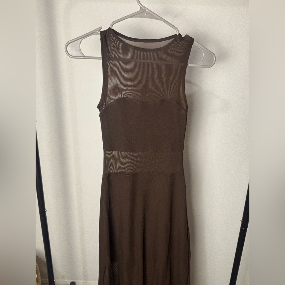Klassy Network Brown Mesh Maxi Dress
